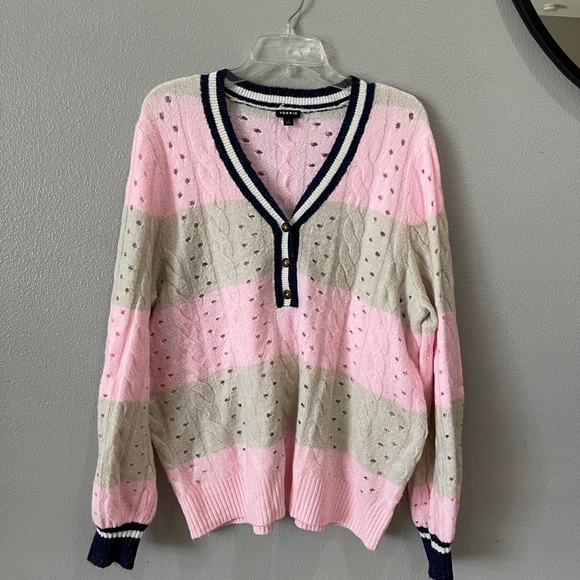 Plus Sz 1X Torrid Vegan Cashmere Pullover Henley Striped Sweater Pink Navy Beige - Picture 2 of 8